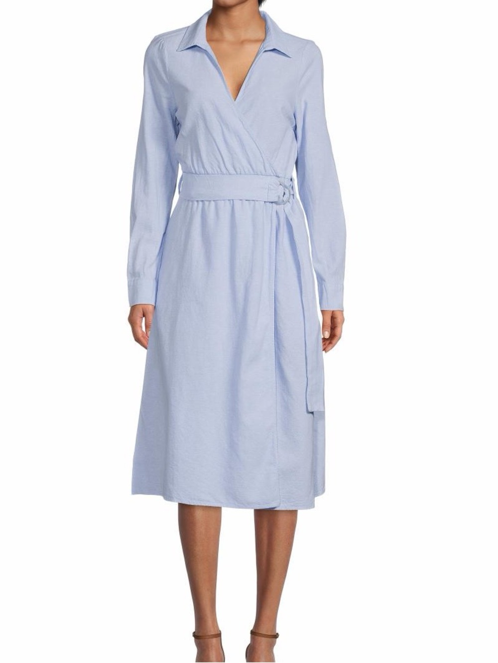 Saks Fifth Avenue Blue Linen Blend Faux Wrap Belted Midi Dress S